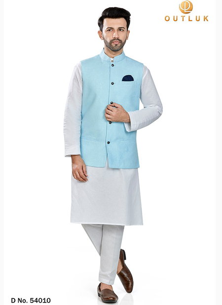 Sky Blue Outluk Vol 54 Festive Wear Linen Blend Digital Print Kurta Pajama With Jacket Mens Collection 54010